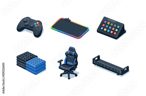 Gaming Gear Icons Set. Game streaming equipment. Isometric flat vector icons set of Game streaming equipment: gaming controller gamepad, RGB mouse pad,