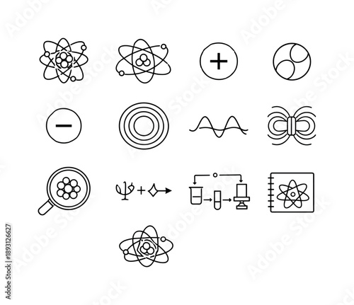 Atomic Structure Icons. Atomic Structure. Line icon set of Atomic Structure: atom core, electron orbit paths, proton particle, neutron particle, electron