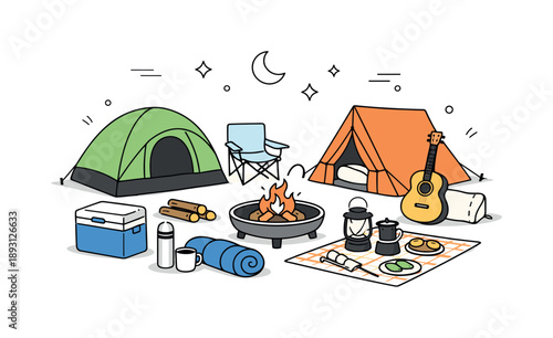Backyard Camping Setup. Backyard camping essentials. Tents, a firepit, and camping accessories displayed together, emphasizing comfort and simplicity of