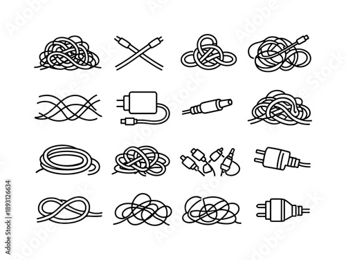Cable Chaos Icons. Cable Chaos. Line icon set of Cable Chaos: messy cable pile, crossed cords, knotted loop, tangled charger wire, overlapping curves, power