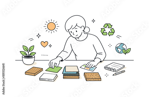 Eco-Friendly Design Trends. Inspirational design with ecology materials trend. A designer arranging eco-friendly materials like wood, recycled paper, and