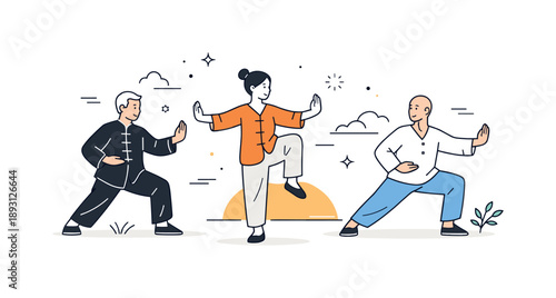 Tai Chi Sunrise. People doing tai chi morning routine. Individuals practicing tai chi at sunrise, soft light and slow movements. Fresh start, balance and quiet