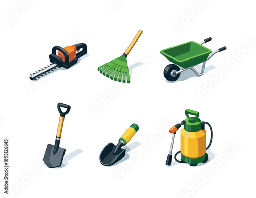 Colorful Garden Tools. Outdoor tools. Isometric flat vector icons set of outdoor tools: hedge trimmer, leaf rake, wheelbarrow, digging spade, soil scoop,