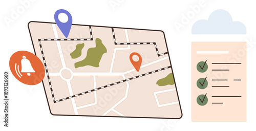 Navigation, task management, reminders, organization, productivity, planning. A map with location pins, notification bell and checklist. Navigation and task management conceptual illustration