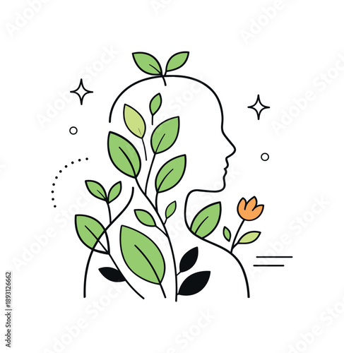 Spring Growth Silhouette. Spring growth concept illustration. An abstract human silhouette blended with leaves and sprouts, expressing inner growth and