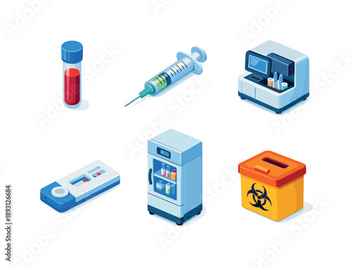 Isometric Medical Icons. Medical Lab. Isometric flat vector icons set of medical lab: blood sample vial, syringe, microscope analyzer, test cassette, lab