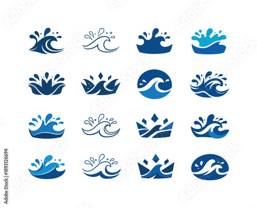 Crashing Waves Icons. Crashing waves. Icon set. Set Logo of crashing waves: wave splash crown. harmonious logo variations of the same emblematic concept, each
