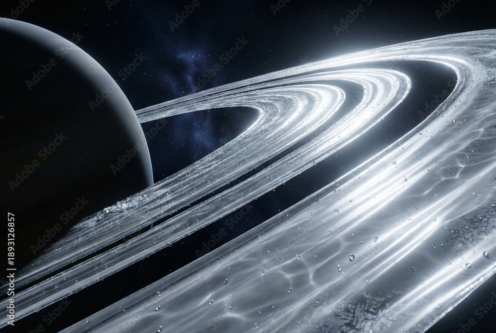 Fototapeta premium Close-up of a gas giant planet with bright icy rings illuminated in space. The detailed rings show sparkling ice particles against a dark starry background.