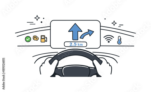 Minimalist Car Dashboard. Car dashboard with indicators navigation. A focused driving scene with a simplified steering wheel and dashboard displaying
