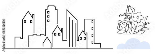 Urban development, sustainability, eco-friendly design, architecture, city planning, nature harmony. Outline of city buildings, flowers and cloud. Urban development and sustainability concept