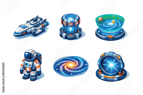 Intergalactic Icons Grid. Intergalactic travel. Isometric flat vector icons set of Intergalactic travel: interstellar spaceship cruiser, warp drive engine