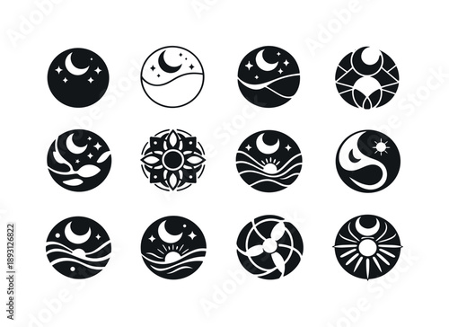 Sacred Circle Logos. sacred circle. Icon set. Set Logo of sacred circle: cosmic cycle icon. harmonious logo variations of the same emblematic concept, each
