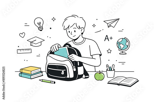 Organizing School Supplies. Back to school preparation. A calm scene with a student organizing a backpack, books, and notebooks on a desk, getting ready for