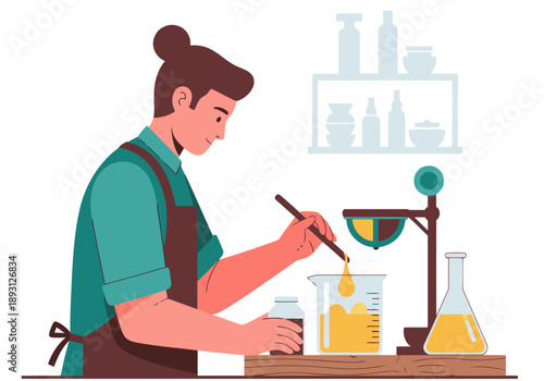A female artisan mixes bio oils in a laboratory setting. She?s focused and wearing an apron, creating a visually appealing and professional image.