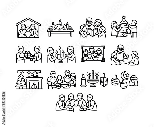 Family Holiday Traditions. Sharing Family Traditions During Holidays. Line icon set of Sharing Family Traditions During Holidays: family gathering at home,