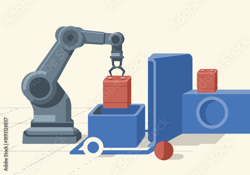 An automated manufacturing robot picks a ceramic clay piece. Modern industrial setting showcases robotic technology and production. Clean, bright, and professional.