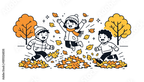 Joyful Autumn Play. Autumn outdoor fun. Children running through leaf piles, kicking leaves up in the air with smiles and laughter, surrounded by trees in fall