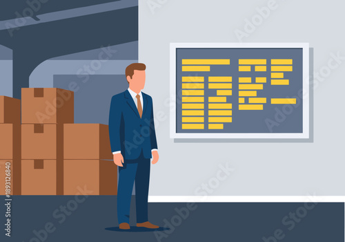 An auditor examines a factory ledger, overseeing operations. A professional man stands before a digital display, symbolizing financial oversight and industrial control. Modern, clean aesthetic.