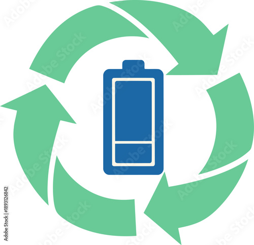 Circular economy graphic featuring a battery icon within a recycling symbol. Clean, modern design with green and blue tones. Ideal for sustainability and battery recycling concepts.