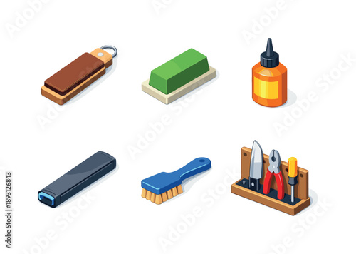 Tool Maintenance Icons. Tool maintenance. Isometric flat vector icons set of tool maintenance: leather strop, honing compound block, oil bottle, blade guard