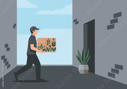 A courier delivers a spa kit through a doorway. Clean, modern illustration with a focus on delivery and wellness. Suitable for commercial use.