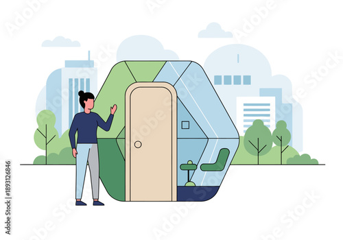 An architect stands before a modern, hexagonal pod design. The image showcases inclusive design and urban architecture, with a bright, inviting aesthetic.