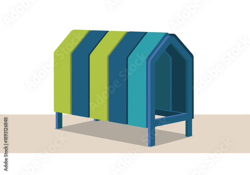 A colorful acoustic pod design with striped panels. Modern, playful, and ideal for noise reduction. Great for office or learning spaces.