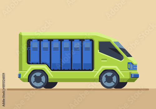 An electric logistics cargo van with blue containers is depicted in a modern, flat illustration style. Clean lines and bright colors create a visually appealing commercial image.