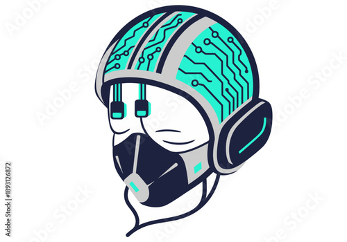 A futuristic pilot wears a neural headset with circuit patterns. The design blends tech and human form, conveying innovation and advanced technology. Modern, digital, and visually striking.