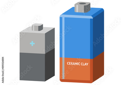 A graphic comparison illustrates the density difference between a liquid battery and a ceramic clay battery.  Clear visual representation of solid vs. liquid technology.