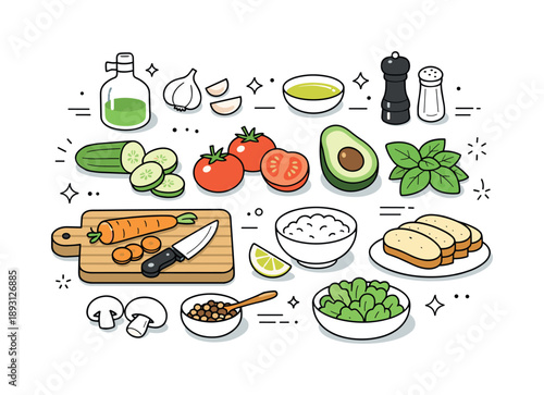 Fresh Ingredients Flat Lay. Food and cooking. A flat lay style scene with fresh ingredients neatly arranged on a table, careful composition and balance. The