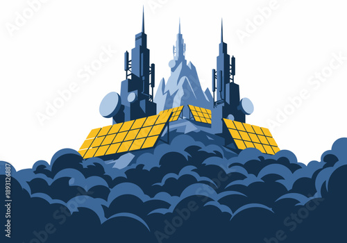Futuristic relay station atop a mountain, powered by solar panels. A striking, modern environment with a dramatic, technological backdrop. Ideal for tech, innovation, and future concepts.