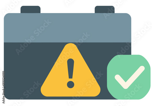 A graphic icon depicting a car battery with safety and thermal protection symbols. Bold colors and clean design for commercial use.