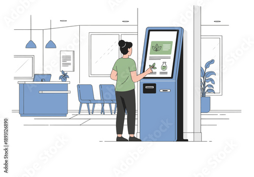 A woman interacts with a plant-based therapy kiosk in a modern clinic. The image showcases a sleek, interactive health kiosk with a focus on wellness and technology. Clean, professional, and inviting.