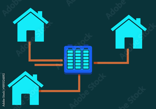 Illustrates a smart grid distributing energy to multiple homes. A modern, clean design showcases efficient energy sharing. Ideal for technology and sustainability visuals.