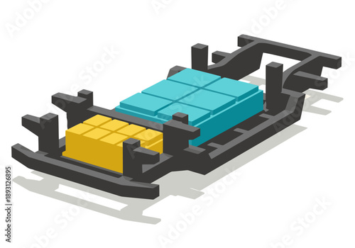 Isometric illustration showcases an electric vehicle chassis with battery power. Modern, clean design highlights EV technology and power. Suitable for tech and automotive visuals.
