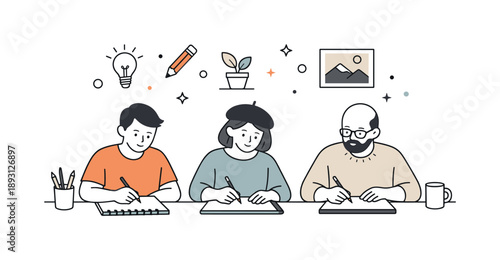 Calm Creative Workshop. People drawing together. A calm workshop scene with people sketching quietly side by side, focused on process and creative flow.