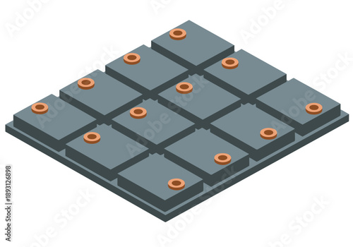 Isometric module design illustration. A gray grid with circular connectors on a light background. Modern hardware engineering concept. Clean, geometric, and visually appealing.