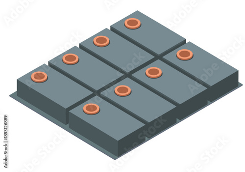 Isometric module design hardware illustration. A gray block matrix with orange circles highlights connectivity. Clean, modern, and visually appealing for tech or engineering concepts.