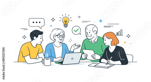 Age-Diverse Workplace Collaboration. Age diversity in the workplace. Employees of different ages collaborate around a desk, sharing ideas and experience.
