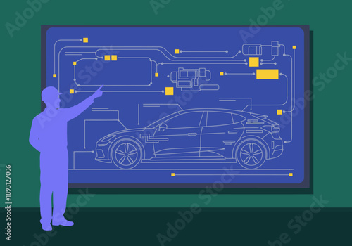 A silhouetted engineer points at a blueprint showcasing a solid-state battery powering a futuristic electric car.  Engineering research, future transport, innovative design.