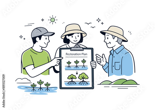 Mangrove Restoration Plan. Mangrove restoration. A small group reviewing a restoration plan on a clipboard near the coast, pointing at simple diagrams of trees