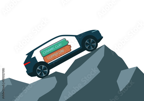 A sleek electric SUV conquers an off-road incline, showcasing superior EV performance. Ceramic clay, copper ore, and battery technology highlight its rugged capabilities. Modern, dynamic composition.