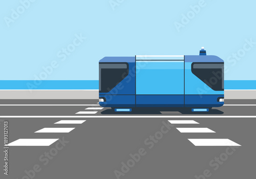 A sleek electric vehicle charges at a highway charging lane. Modern infrastructure, clean design, and a bright blue vehicle against a clear sky. Ideal for technology and transportation visuals.
