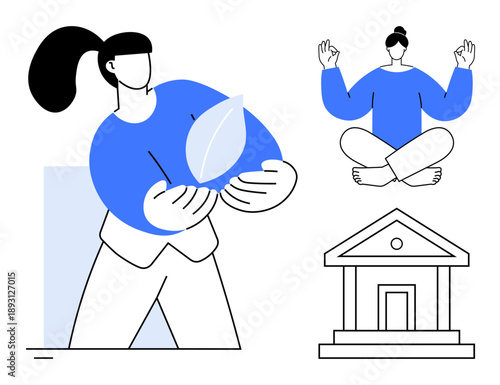 Sustainability, mindfulness, meditation, eco-awareness, governance, healthcare. Person holding a leaf, individual meditating and a building symbol. Sustainability and mindfulness illustrated