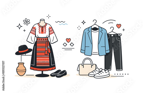 Heritage Meets Modernity. Cultural heritage in clothing design. A calm scene showing traditional garments alongside modern fashion pieces,