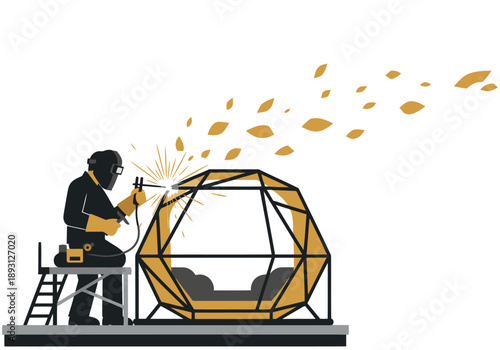 A skilled welder repairs a wellness pod, showcasing precision and craftsmanship. Industrial setting with a focus on restoration and well-being.