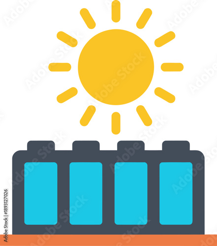 Solar storage power grid icon featuring a sun and battery bank. Bright, modern illustration for renewable energy concepts. Ideal for digital marketing and educational materials.