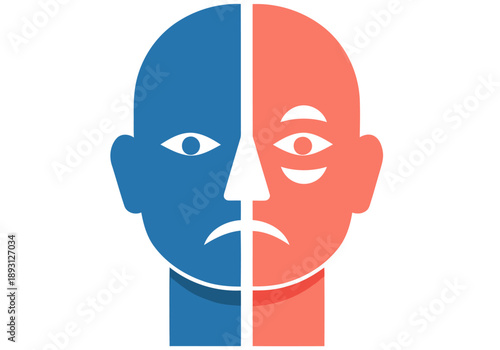 A split-faced icon representing bipolar personality. One side is blue, the other red, with distinct expressions. Modern, minimalist design. Suitable for mental health awareness campaigns.