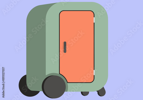 A stylish, mobile office pod rolls forward. Its green exterior and orange door offer a modern, flexible workspace solution. Perfect for remote work and creative environments.